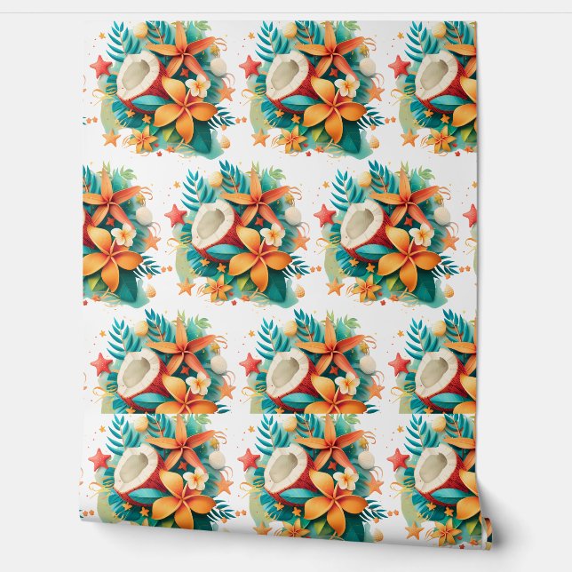 Coconut with Flowers and Shells Wallpaper (Unrolling)