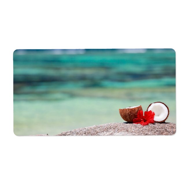 Coconut with tropical flower on exotic coast label (Front)