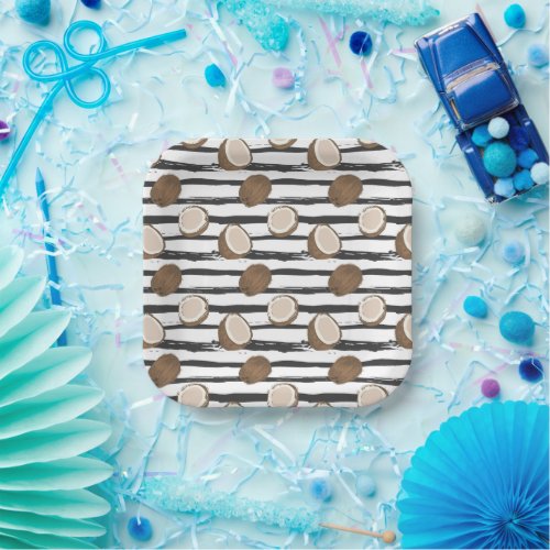 Coconuts on Grunge Stripes Pattern Paper Plates