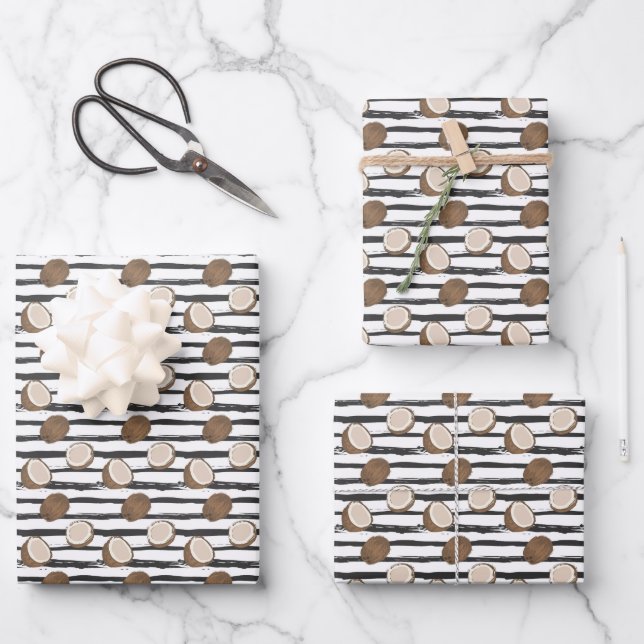 Coconuts on Grunge Stripes Pattern Wrapping Paper Sheets (Front)