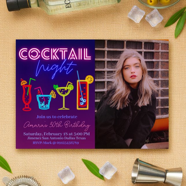 Coctail Night - Neon with Picture Invitation (Cocktail Night - Neon Drink Invitation)