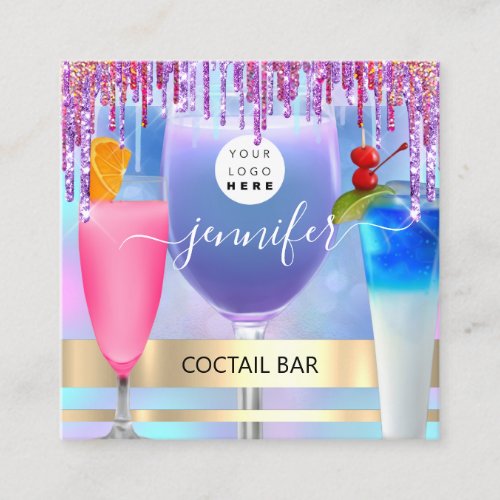 Coctail Pub Wine Restaurant Logo Holographic Drips Square Business Card