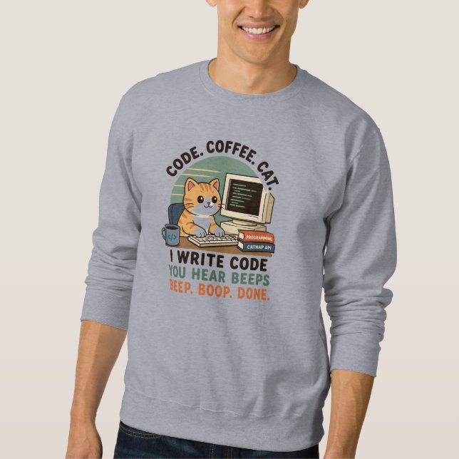 Code Coffee Cat Programmer Humor Illustration Sweatshirt (Front)