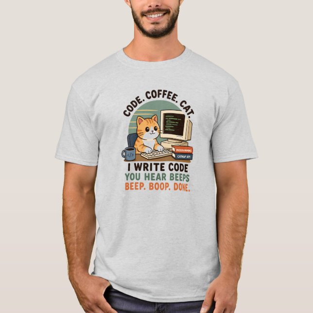 Code Coffee Cat Programmer Humor Illustration T-Shirt (Front)