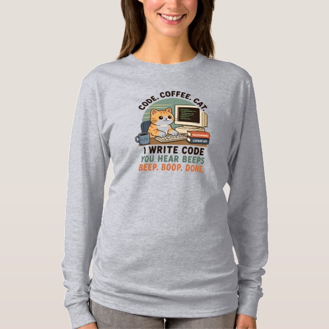 Code Coffee Cat Programmer Humor Illustration T-Shirt (Front)