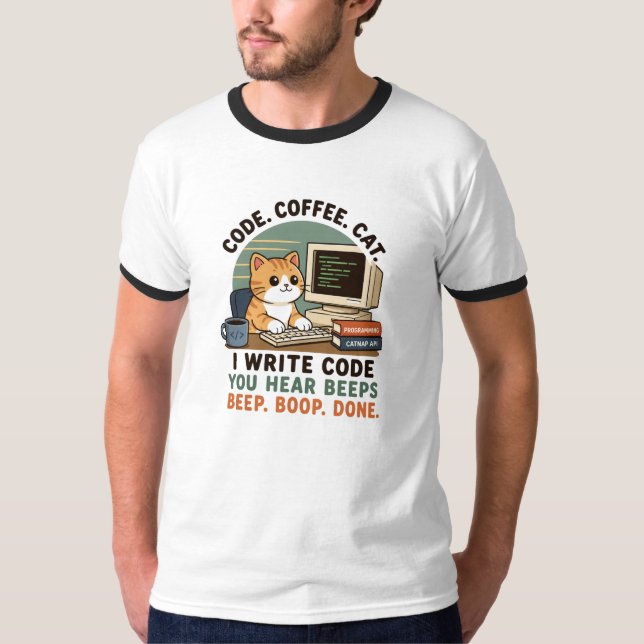 Code Coffee Cat Programmer Humor Illustration T-Shirt (Front)