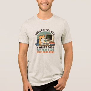 Code Coffee Cat Programmer Humor Illustration Tri-Blend Shirt