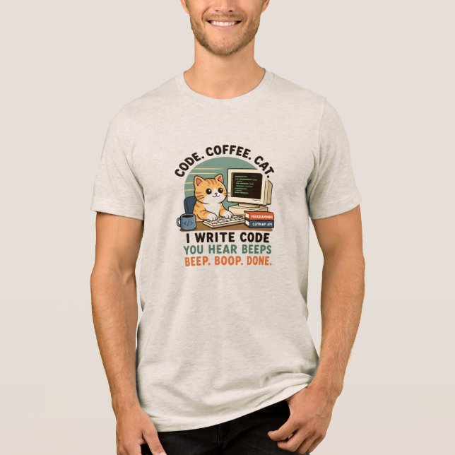 Code Coffee Cat Programmer Humor Illustration Tri-Blend Shirt (Front)