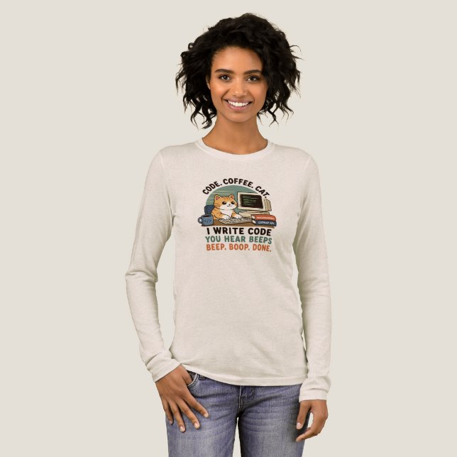 Code Coffee Cat Programmer Humor Illustration Tri-Blend Shirt (Full Front)