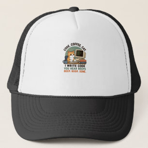 Code Coffee Cat Programmer Humor Illustration Trucker Hat