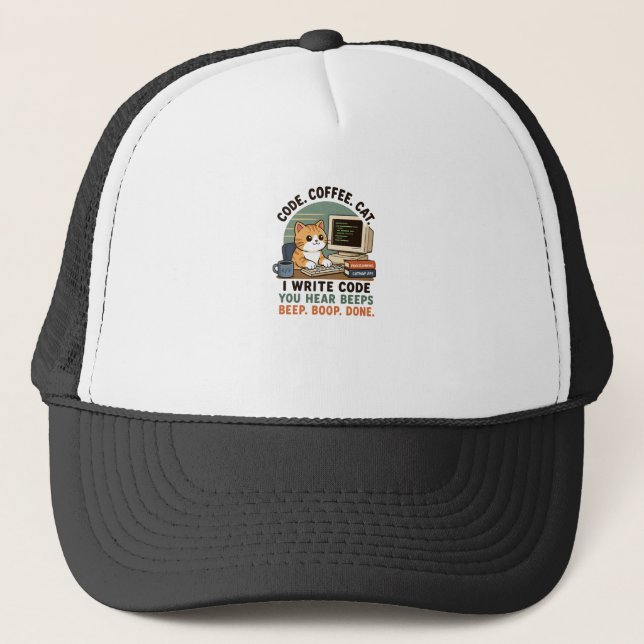 Code Coffee Cat Programmer Humor Illustration Trucker Hat (Front)