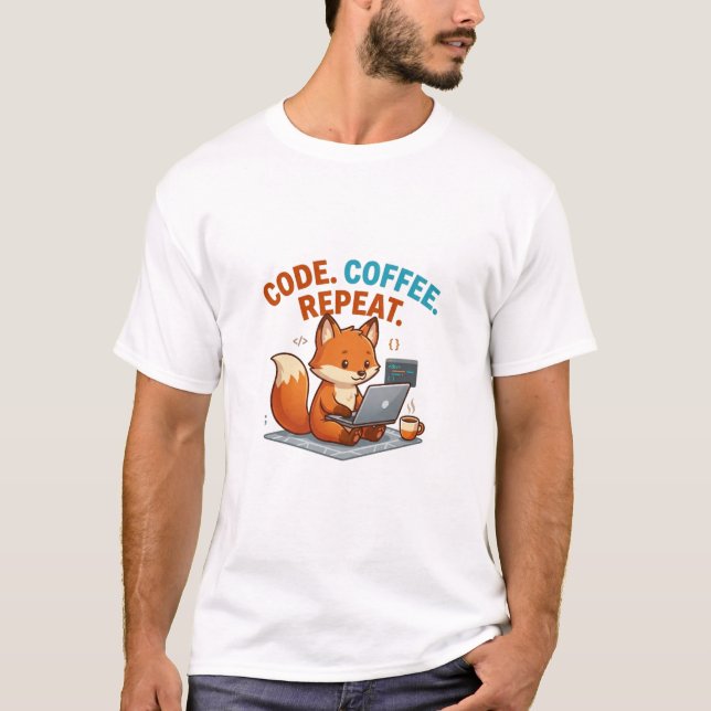  Code Coffee Repeat T-Shirt | Cute Fox Programmer  (Front)