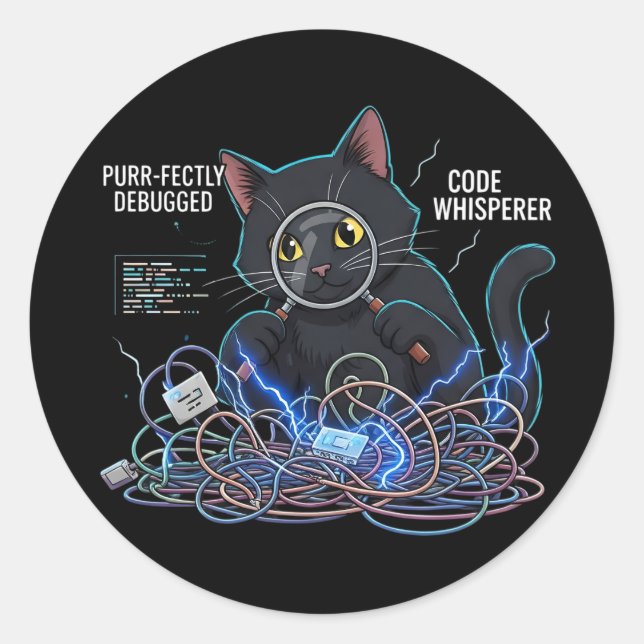 Code Whisperer Developer Cat Round Black Stickers (Front)