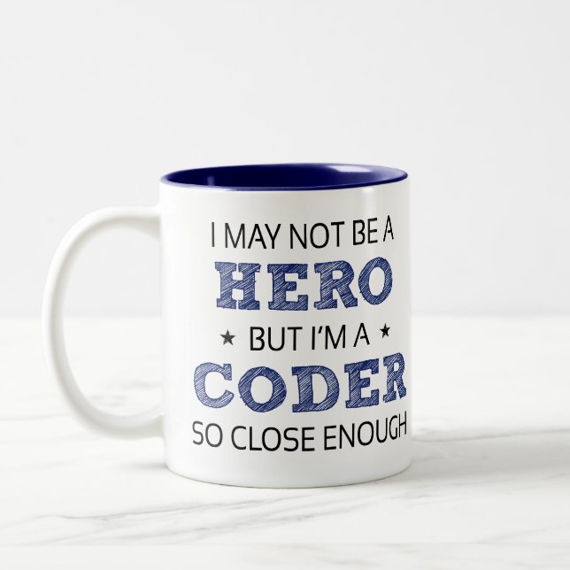 Coder Hero Humor Novelty Two-Tone Coffee Mug (Left)