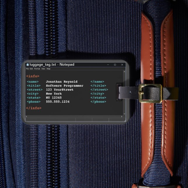 Coder Notepad Format Computer Programmer Dark Mode Luggage Tag (Front Insitu 4)