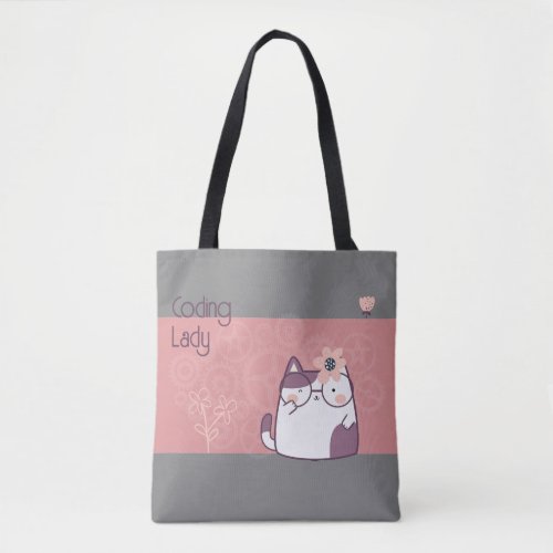Coding lady grey and pink tote bag with cute cat