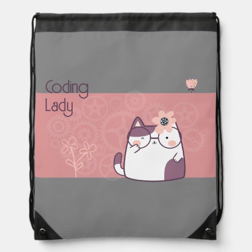 Coding lady grey and pink with cute cat and flower drawstring bag