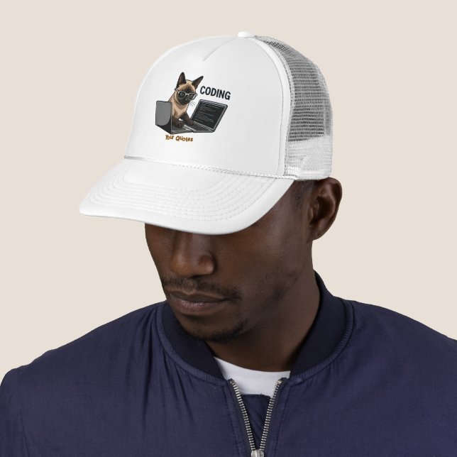 Coding Siamese Cat Cartoon Trucker Hat (In Situ)