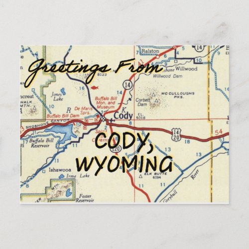 Cody Wyoming Vintage Map Postcard