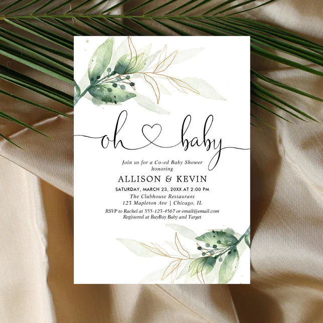 Coed baby shower invitation, Modern gold greenery Invitation Zazzle
