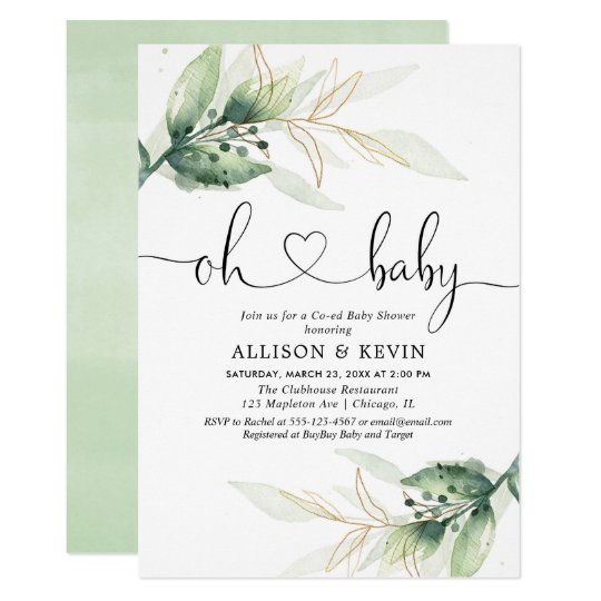 Coed-baby-shower-invitation,-Modern-gold-greenery-...