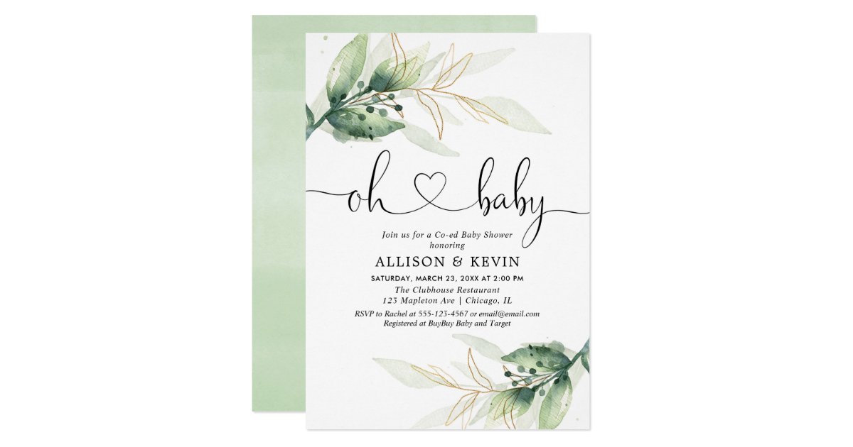 Coed-baby-shower-invitation,-Modern-gold-greenery-...