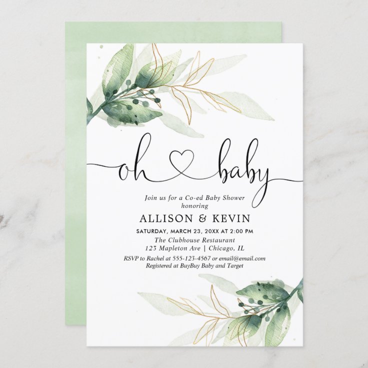 Coed baby shower invitation, Modern gold greenery Invitation Zazzle