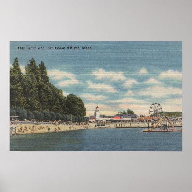 Coeur d'Alene, ID - View of City Beach & Pier Poster (Front)