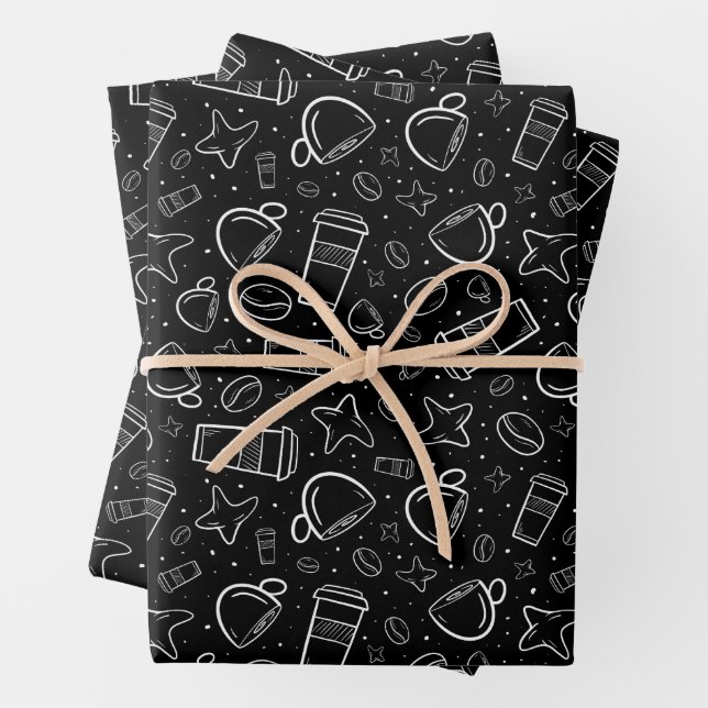 Coffe in black and white with stars for your craft wrapping paper sheets (In situ)