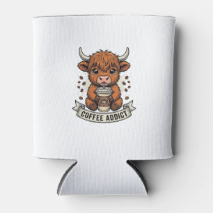 Coffee Addict Cute Highland Cow Vintage Engraving Can Cooler