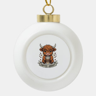 Coffee Addict Cute Highland Cow Vintage Engraving Ceramic Ball Christmas Ornament
