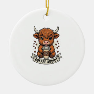 Coffee Addict Cute Highland Cow Vintage Engraving Ceramic Ornament