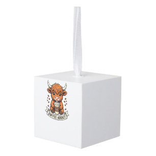 Coffee Addict Cute Highland Cow Vintage Engraving Cube Ornament