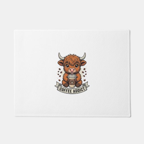 Coffee Addict Cute Highland Cow Vintage Engraving Doormat