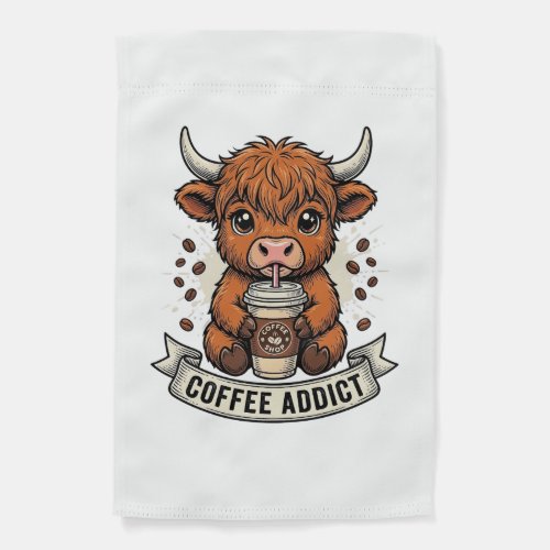 Coffee Addict Cute Highland Cow Vintage Engraving Garden Flag