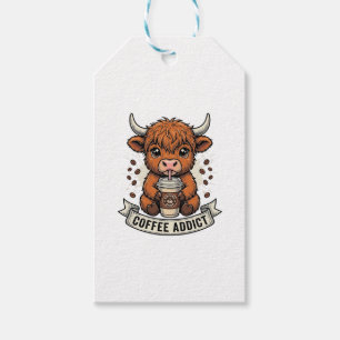Coffee Addict Cute Highland Cow Vintage Engraving Gift Tags