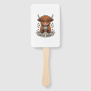 Coffee Addict Cute Highland Cow Vintage Engraving Hand Fan