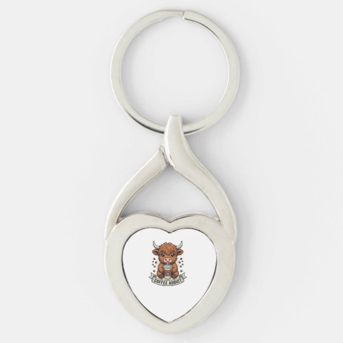 Coffee Addict Cute Highland Cow Vintage Engraving Keychain