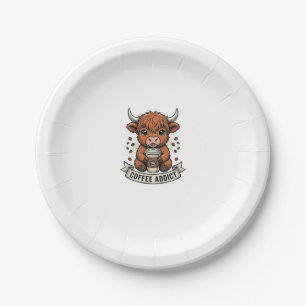 Coffee Addict Cute Highland Cow Vintage Engraving Paper Plates