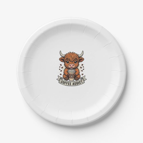 Coffee Addict Cute Highland Cow Vintage Engraving  Paper Plates