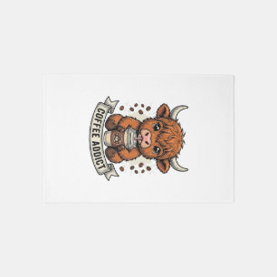 Coffee Addict Cute Highland Cow Vintage Engraving Rug