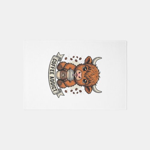Coffee Addict Cute Highland Cow Vintage Engraving Rug