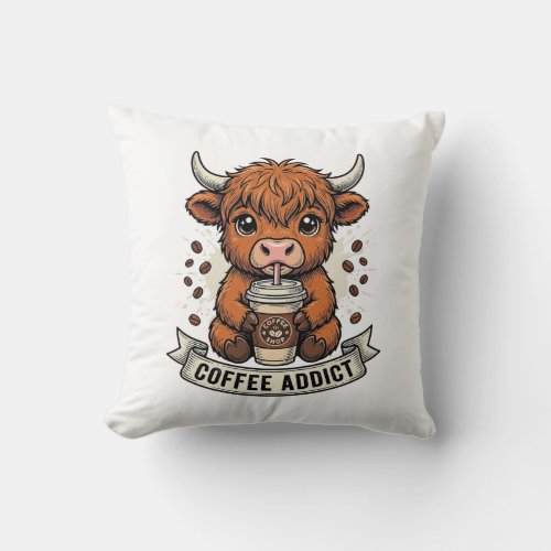 Coffee Addict Cute Highland Cow Vintage Engraving Throw Pillow