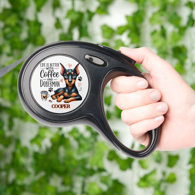 Coffee and a Doberman make life bright Retractable Pet Leash (Hand)