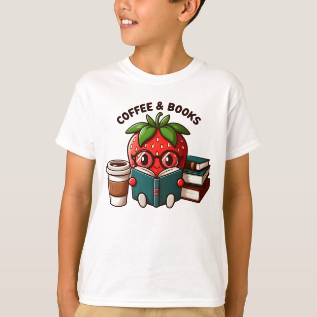 Coffee and Books – Cute Strawberry Character T-Shirt (Front)