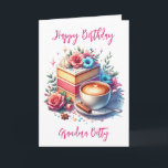 Coffee and Cake Grandma's Birthday Card<br><div class="desc">A pretty ai watercolor style piece of birthday cake with pink and blue flowers next to a cup of coffee or expresso pretty floral birthday card for Grandma.</div>