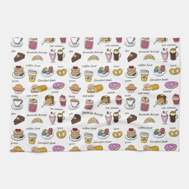 Coffee and Comfort Food Illustrated Pattern Kitchen Towel (Horizontal)