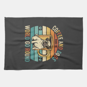 Coffee and Dogs Retro Pug Lover Kitchen Towel