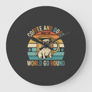 Coffee and Dogs Retro Pug Lover Large Clock
