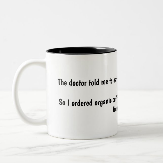 Coffee-and-doughnuts humor Two-Tone coffee mug (Left)